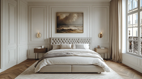 灰床白墙木地板