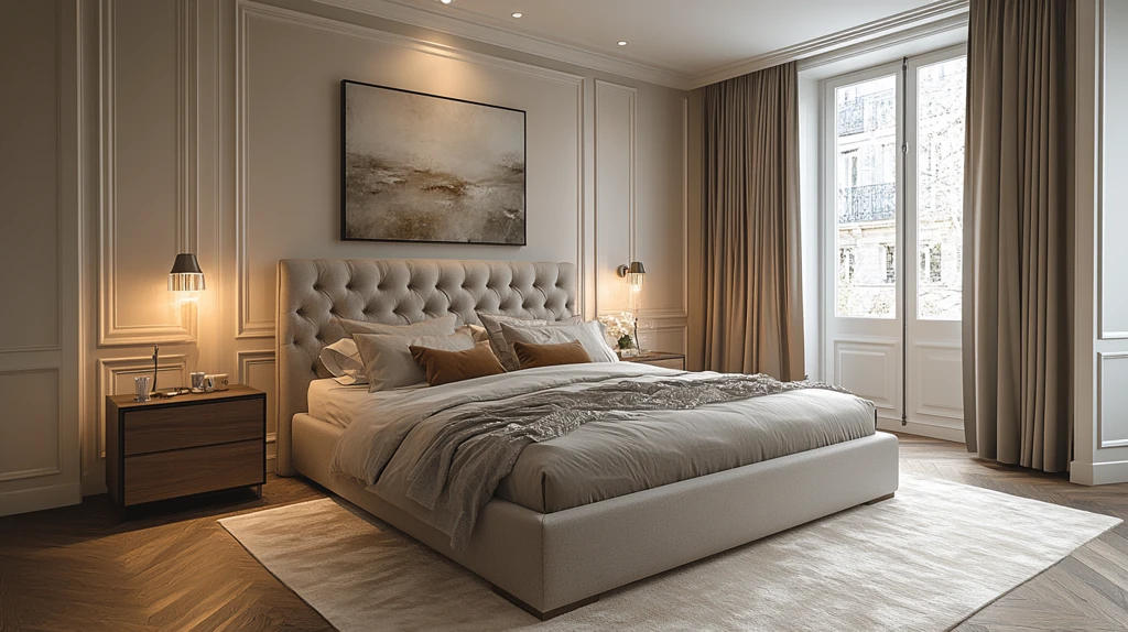 灰床白墙木地板