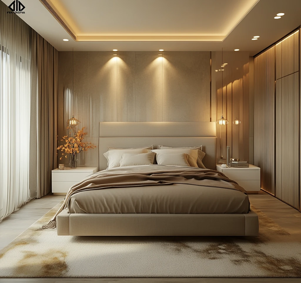 浅灰床头板卧室布局