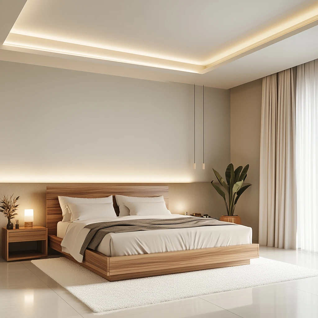 木床与白色地毯卧室