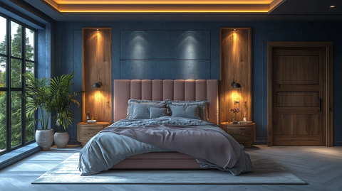 白色墙面蓝色点缀卧室