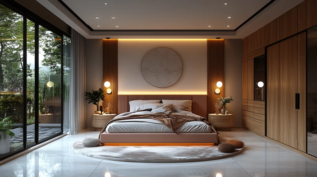 白色墙面蓝色点缀卧室