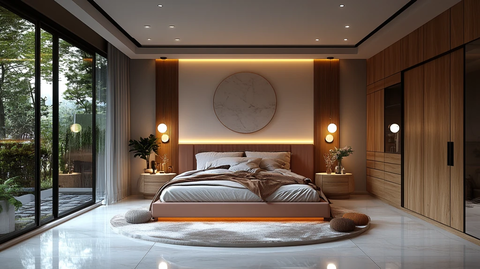 白色墙面蓝色点缀卧室