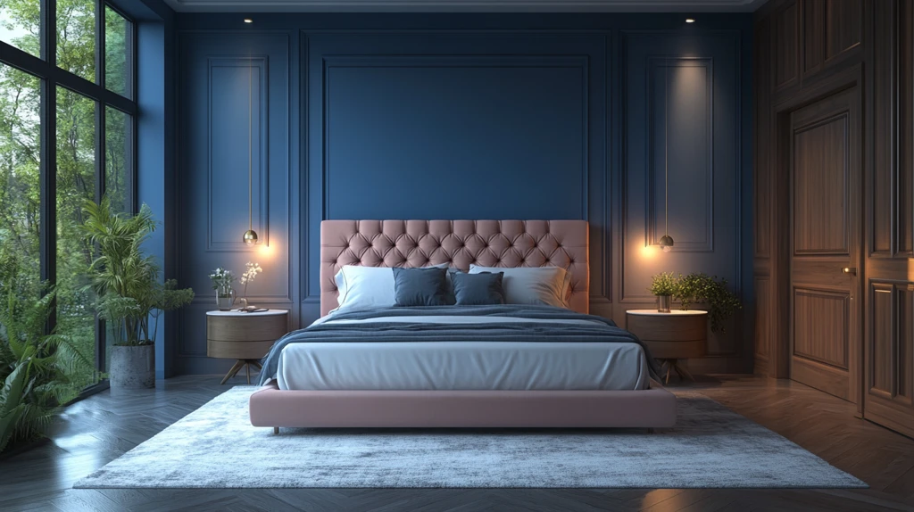 白色墙面蓝色点缀卧室