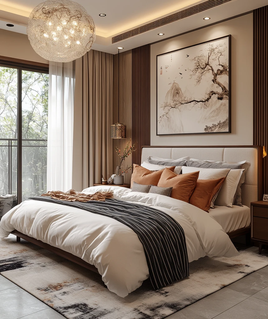 白色窗帘灰瓷砖卧室