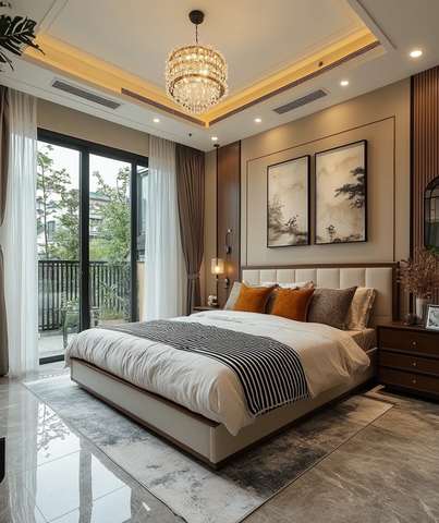 白色窗帘灰瓷砖卧室