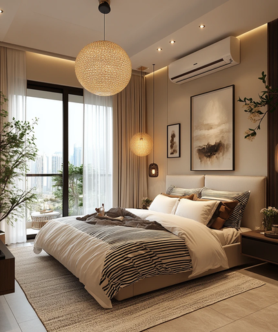 白色窗帘灰瓷砖卧室