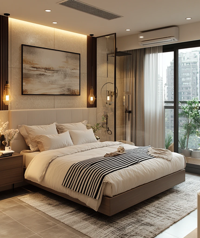 白色窗帘灰瓷砖卧室