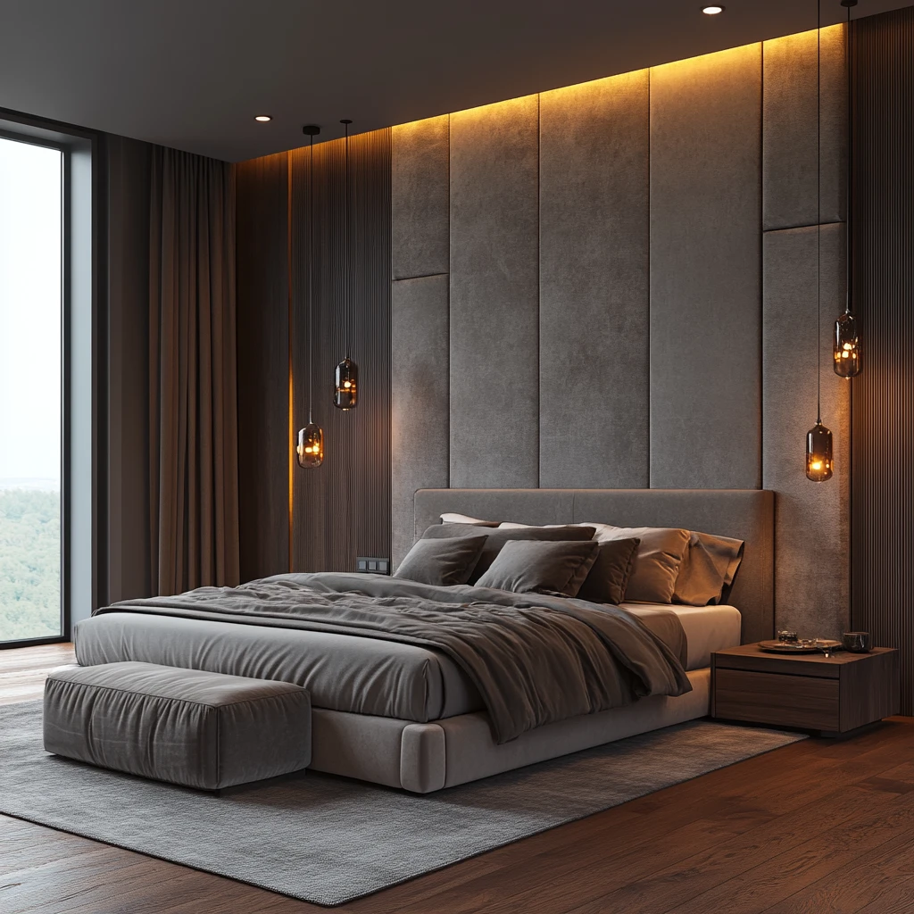 灰色软绒床头板卧室