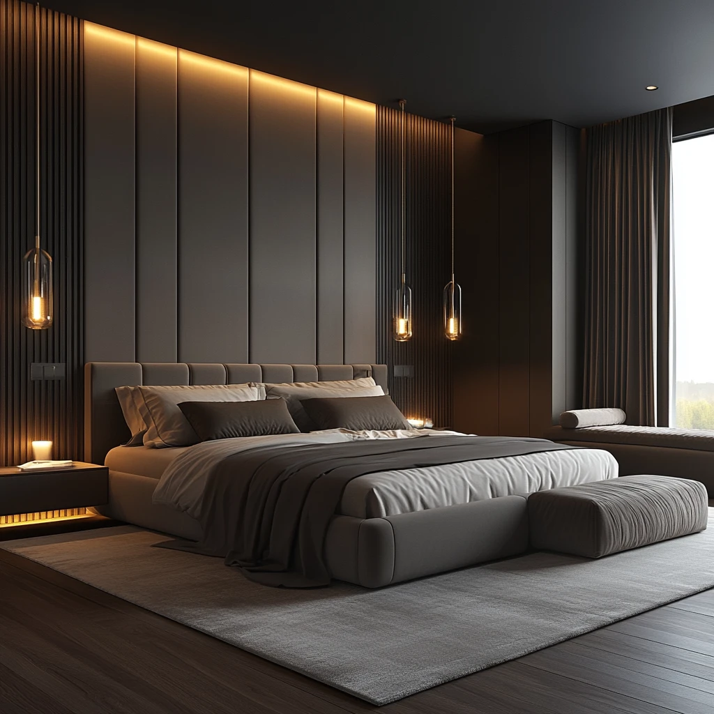 灰色软绒床头板卧室