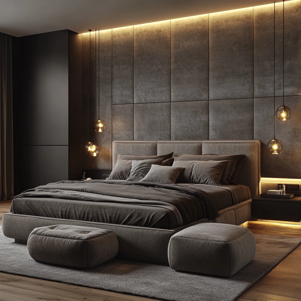 灰色软绒床头板卧室