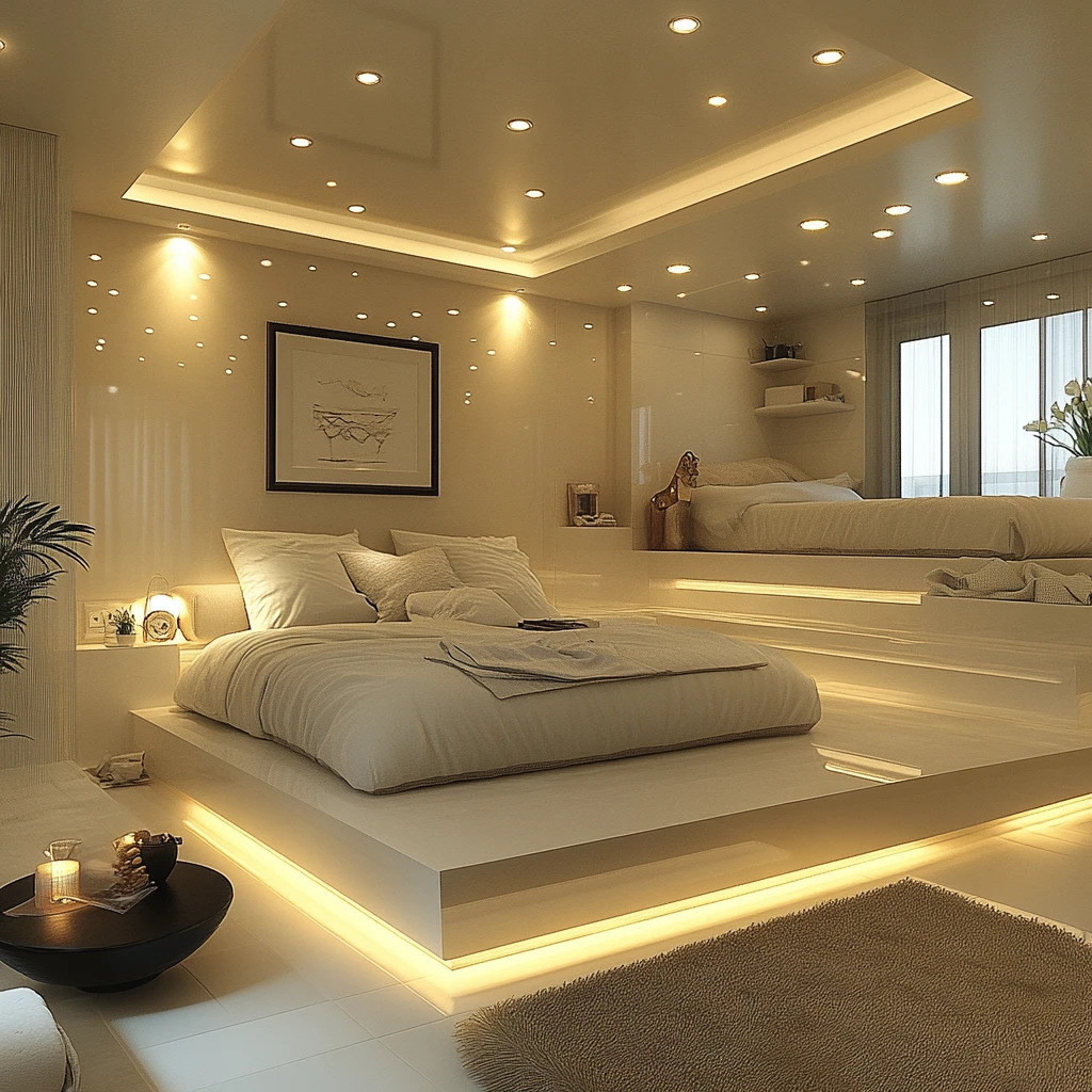 白色房间床和桌