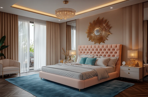 粉色床蓝色地毯