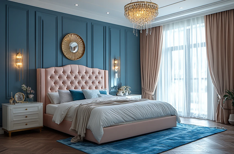 粉色床蓝色地毯