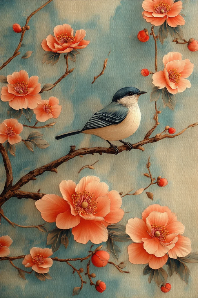 牡丹绣鸟丝绸图