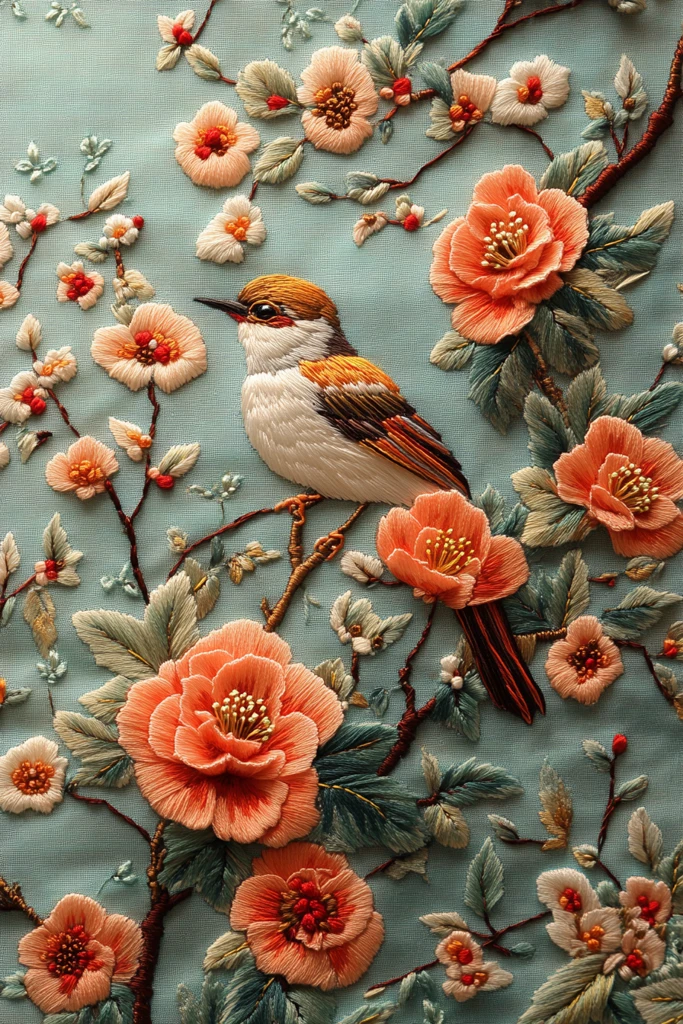 牡丹绣鸟丝绸图