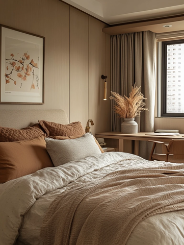 浅褐木床房间布置