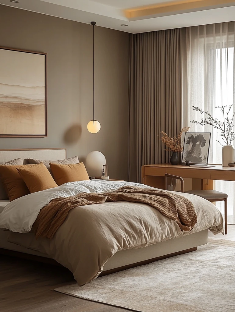 浅褐木床房间布置