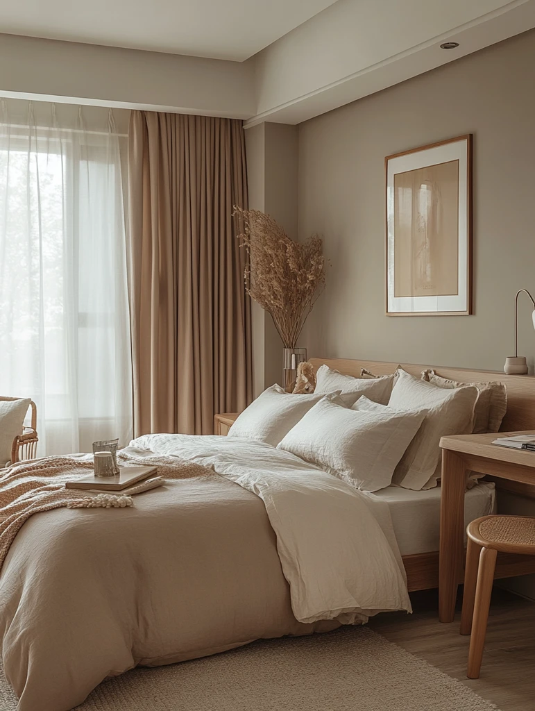 浅褐木床房间布置