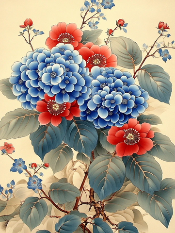 蓝绣球红牡丹插花图