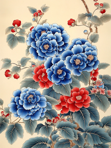 蓝绣球红牡丹插花图