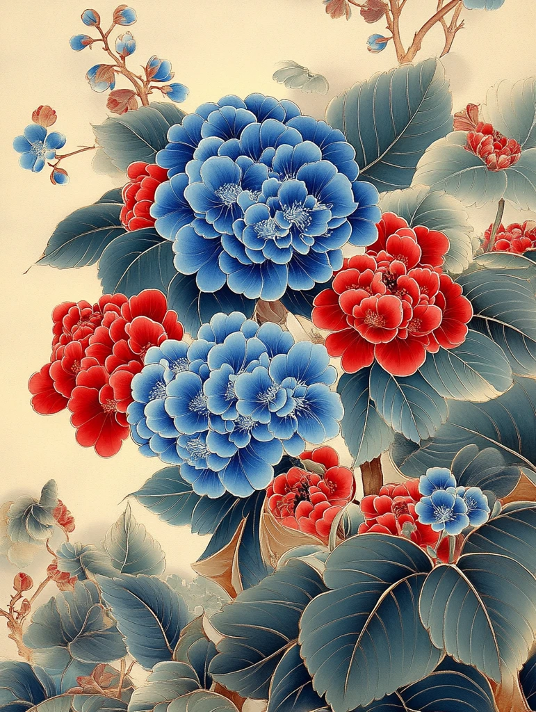 蓝绣球红牡丹插花图