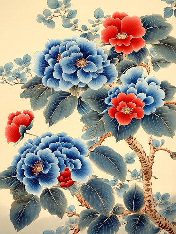 蓝绣球红牡丹插花图