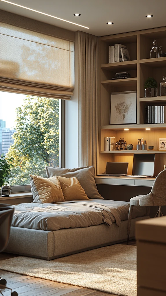 灰色床与窗边书桌