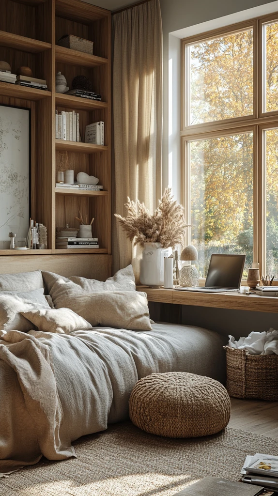 灰色床与窗边书桌