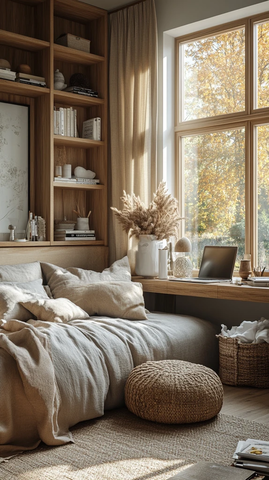 灰色床与窗边书桌