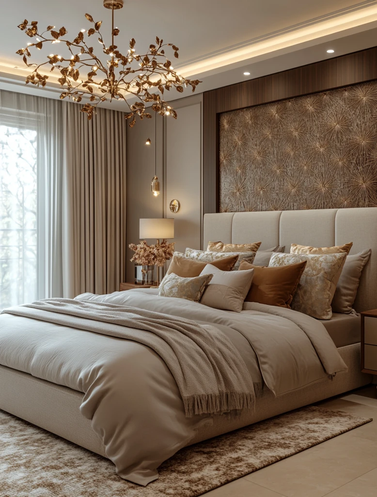 灰色床头板金色床卧室