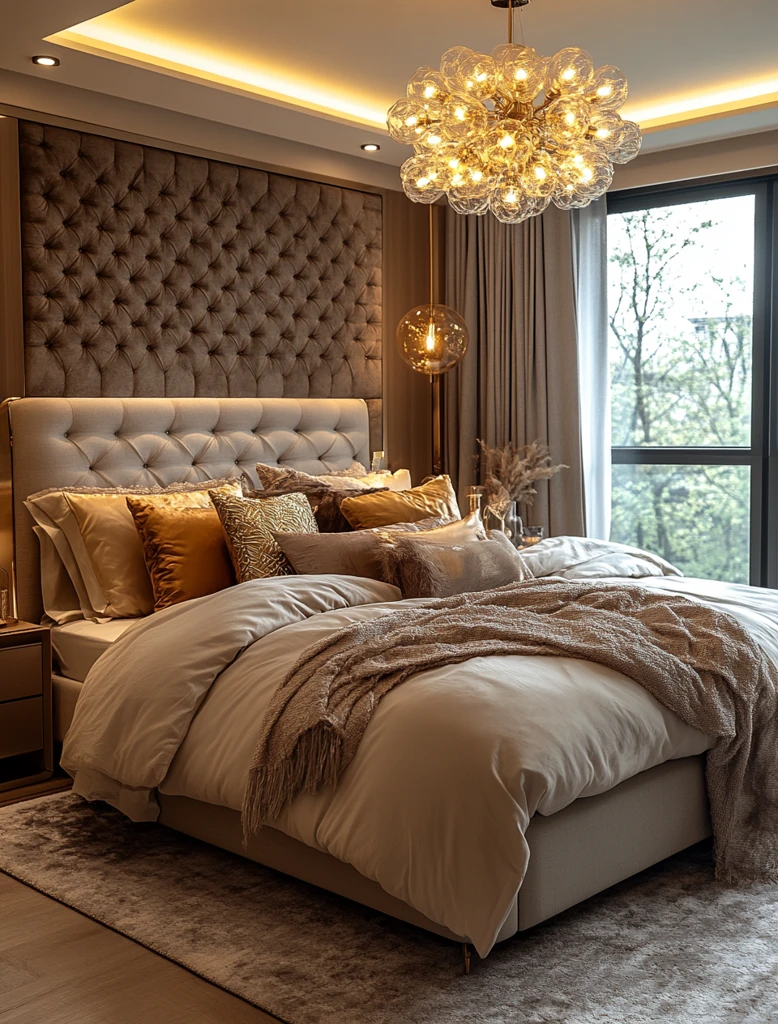 灰色床头板金色床卧室