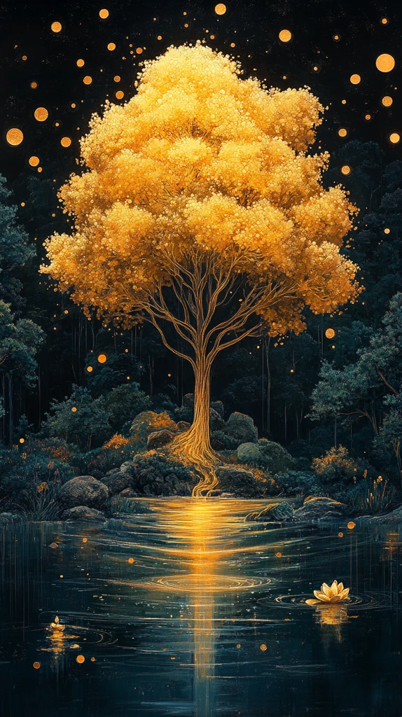 金色树水流花卉