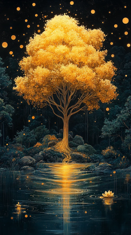 金色树水流花卉