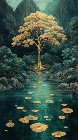 金色树水流花卉