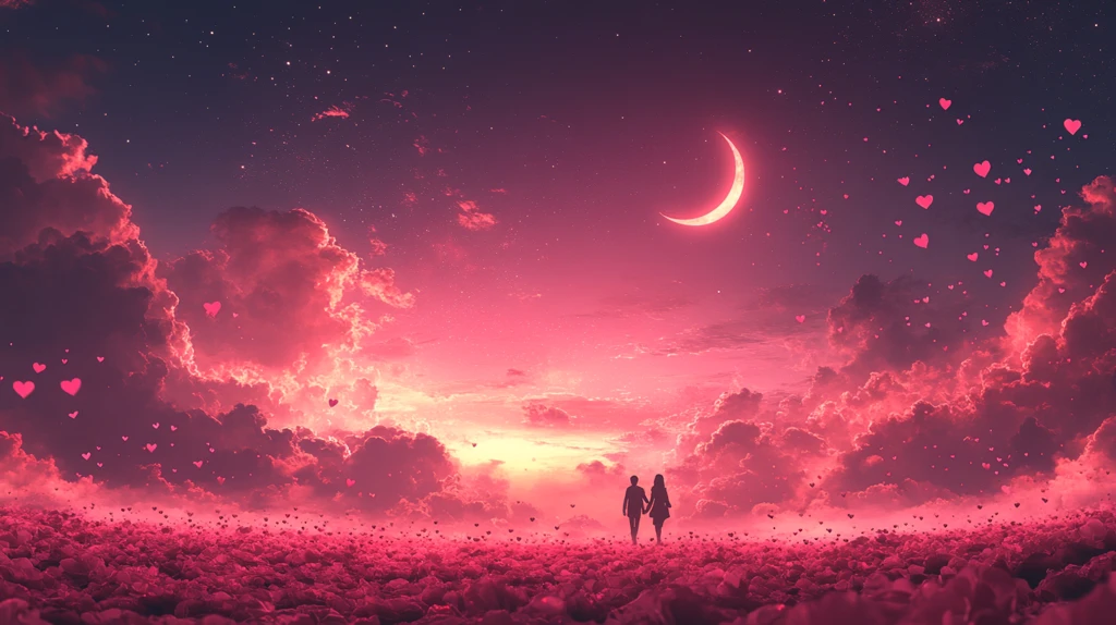 心形云朵月下恋人