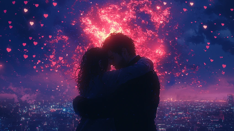 情侣相拥蓝天心形