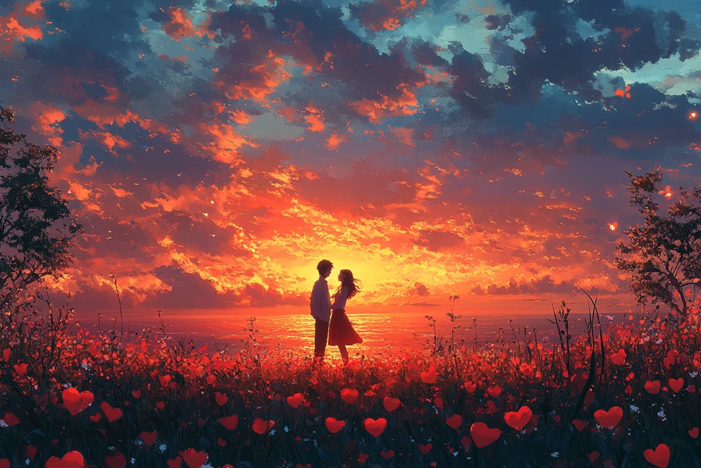 心形田野恋人夕阳