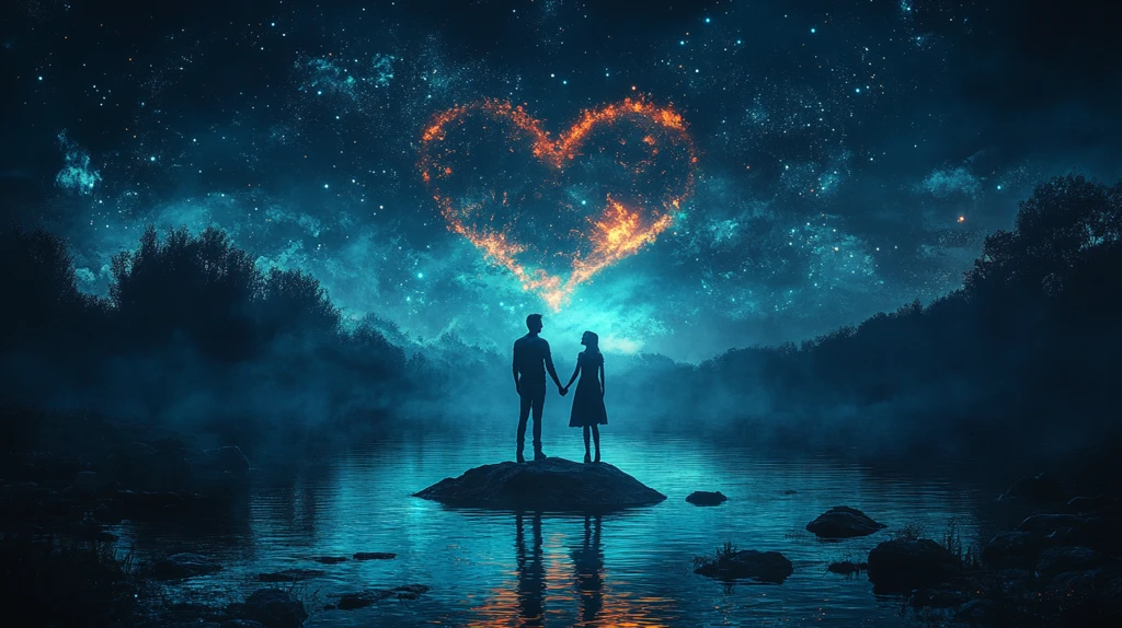 心形湖畔情侣剪影