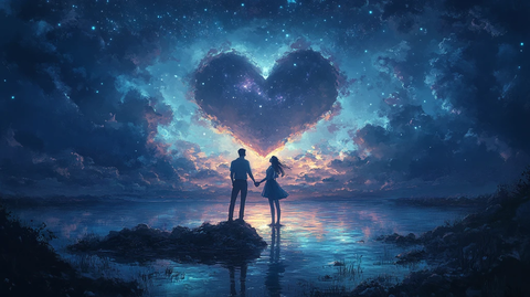心形湖畔情侣剪影