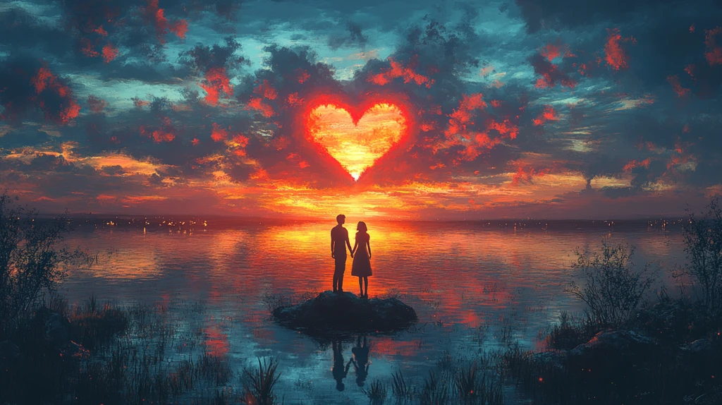 心形湖畔情侣剪影