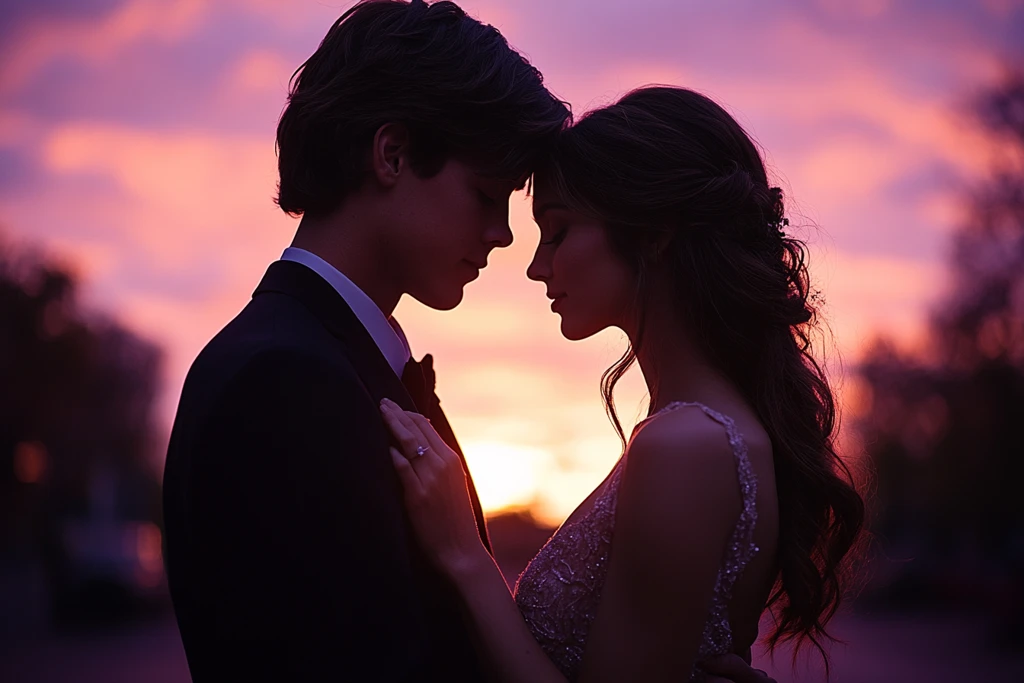 夕阳下的恋人相拥