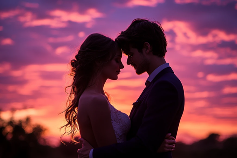 夕阳下的恋人相拥