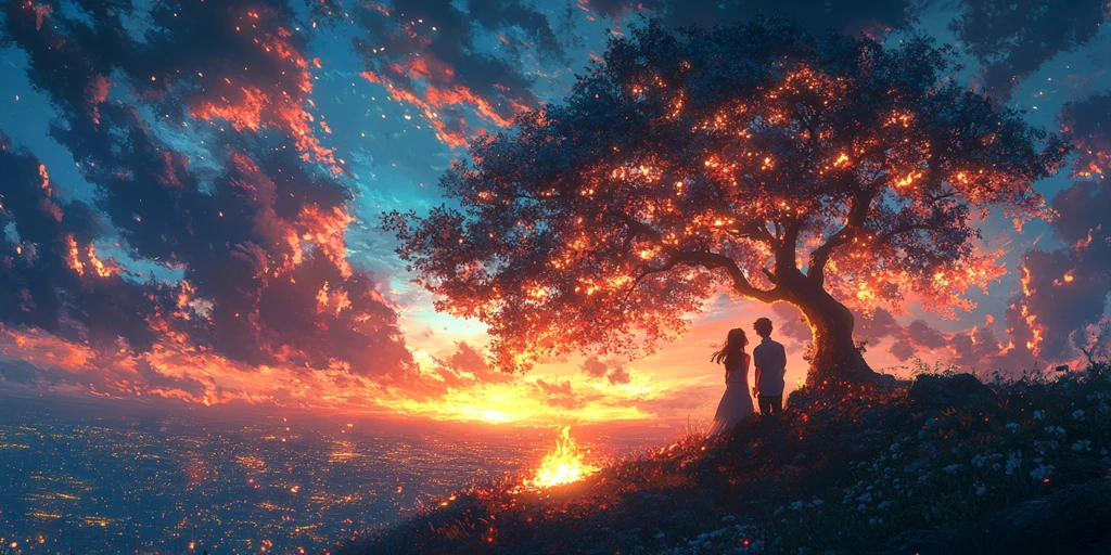 树下情侣背影火堆