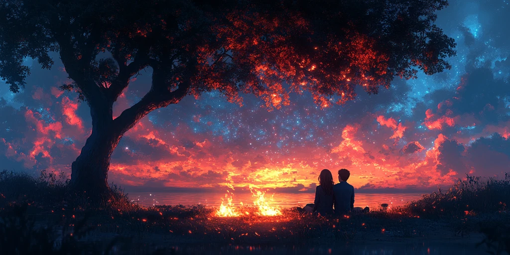 树下情侣背影火堆