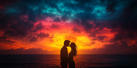 情侣剪影夕阳下亲吻