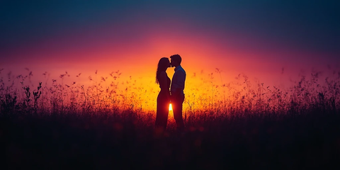 情侣剪影夕阳下亲吻