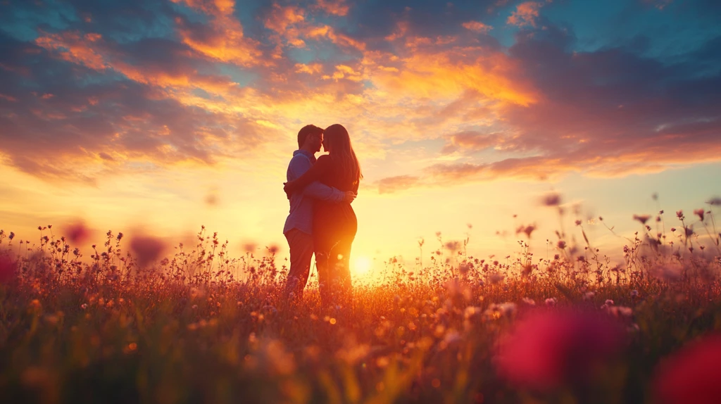 恋人相拥夕阳下