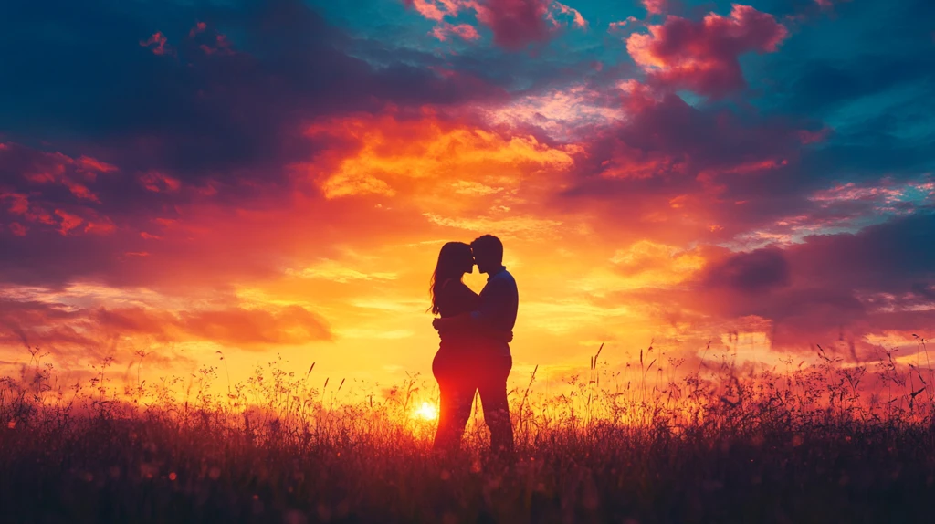 恋人相拥夕阳下