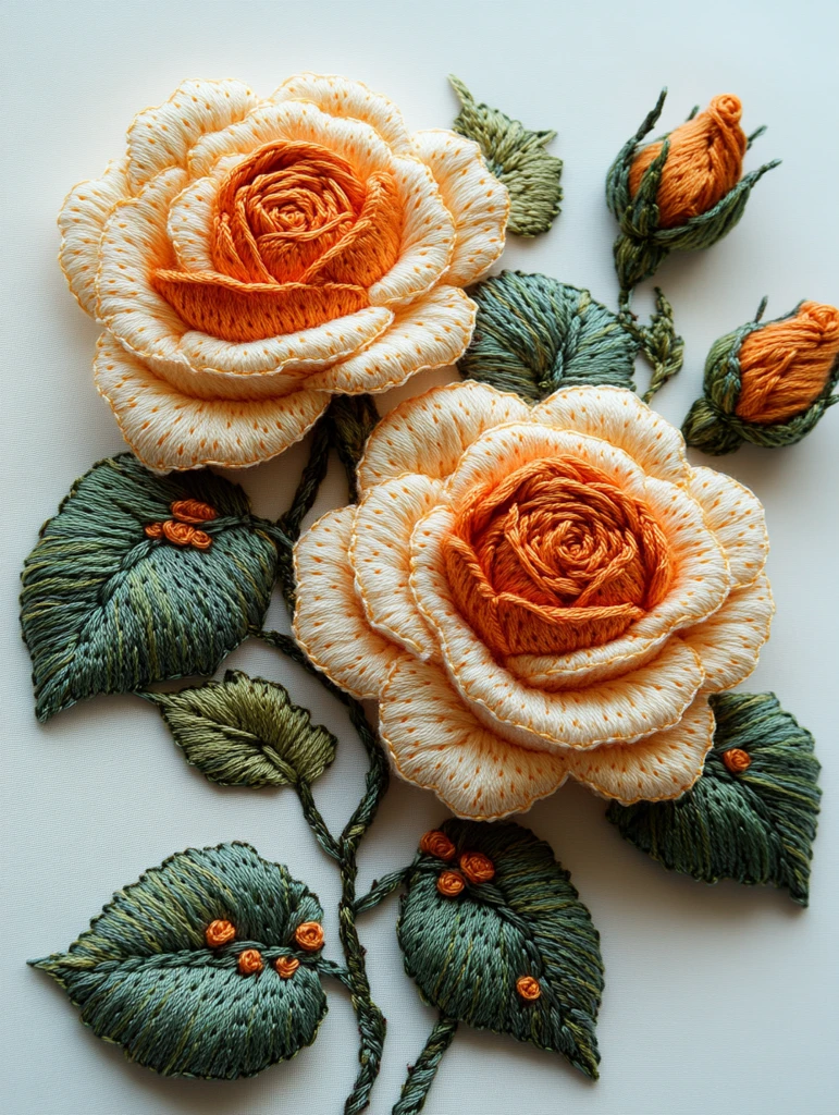 两朵橙玫瑰刺绣